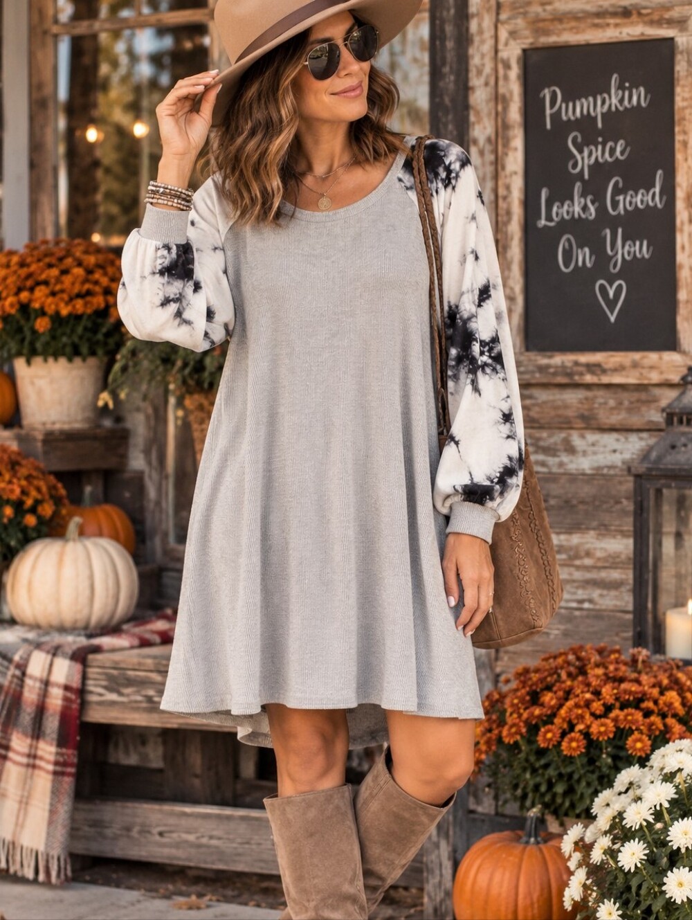 Umgee 1XL Gray Waffle Knit Tie Dye Sleeve Sweater Dress Pockets Boho Casual